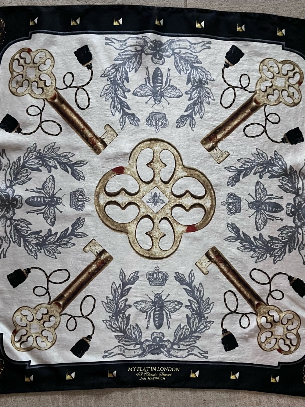 My Flat in London Key & Bee Silk Scarf - Black, Gold, Cream